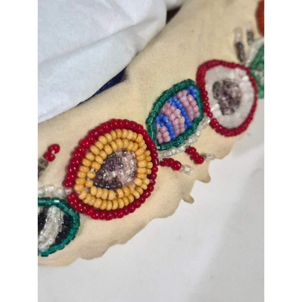 Vintage Crow Beaded Hide Moccasins featuring Intricate Colorful Glass Beadwork